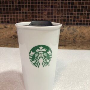STARBUCKS GREEN MERMAID CERAMIC TRAVEL MUG 10 OZ WHITE TUMBLER . LID